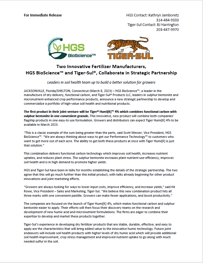 Two Innovative Fertilizer Manufacturers, HGS BioScience and Tiger-Sul,Collaborate in Strategic Partnership