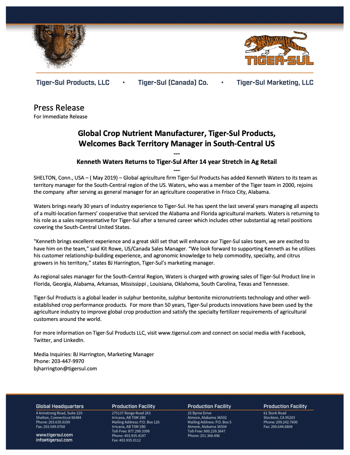 Global Crop Nutrient Manufacturer, Tiger-Sul Products, Welcomes Back Territory Manager in South-Central US