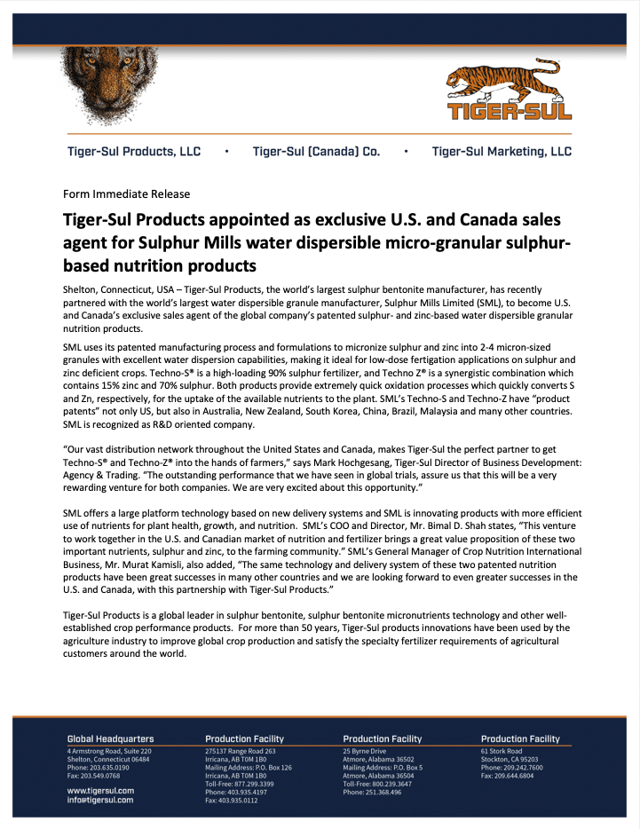 Tiger-Sul Products appointed as exclusive U.S. and Canada sales agent for Sulphur Mills Limited