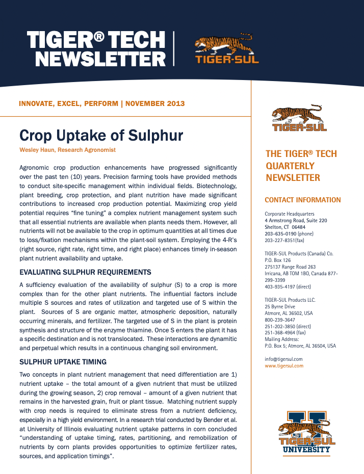 Crop Uptake of Sulphur