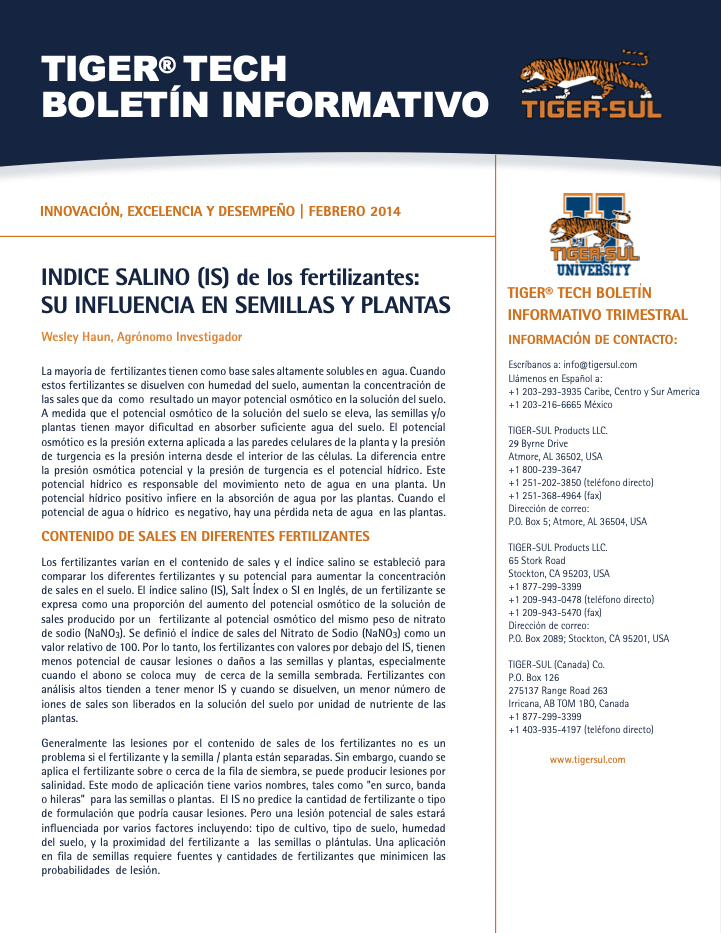 TigerTech Boletin – Indice Salino de los Fertilizantes – Su Influencia en Semillas y Plantas