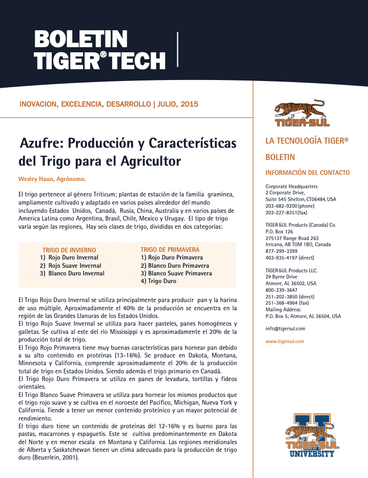TigerTech Boletin – Azufre – Production y Carateristicas del Trigo para el Agricultor