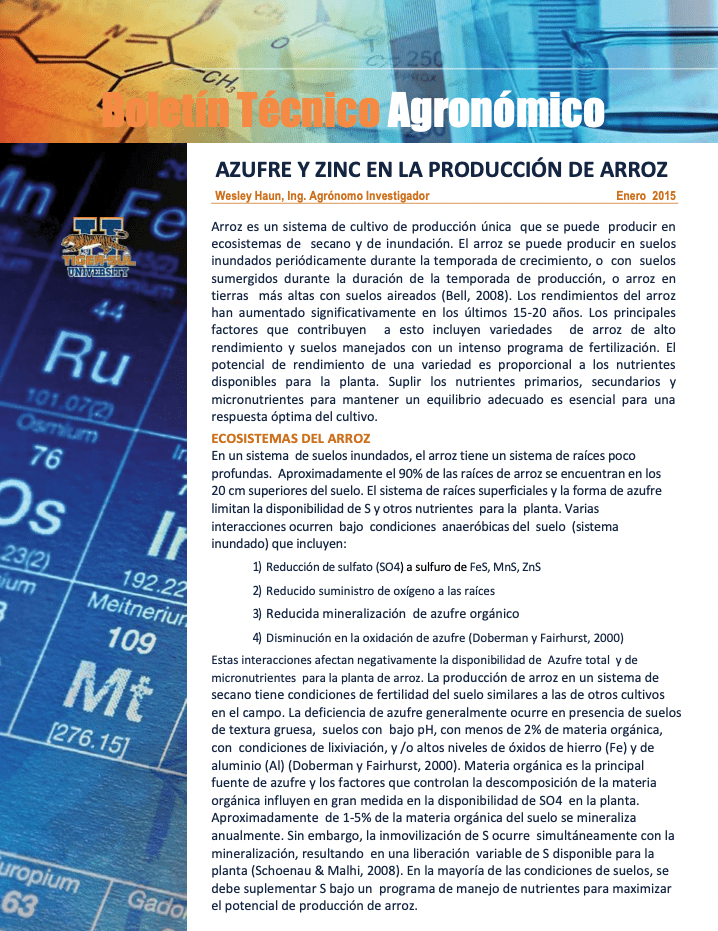 Tiger-Sul Boletin Tecnico- Azufre y Zinc en la Produccion de Arroz