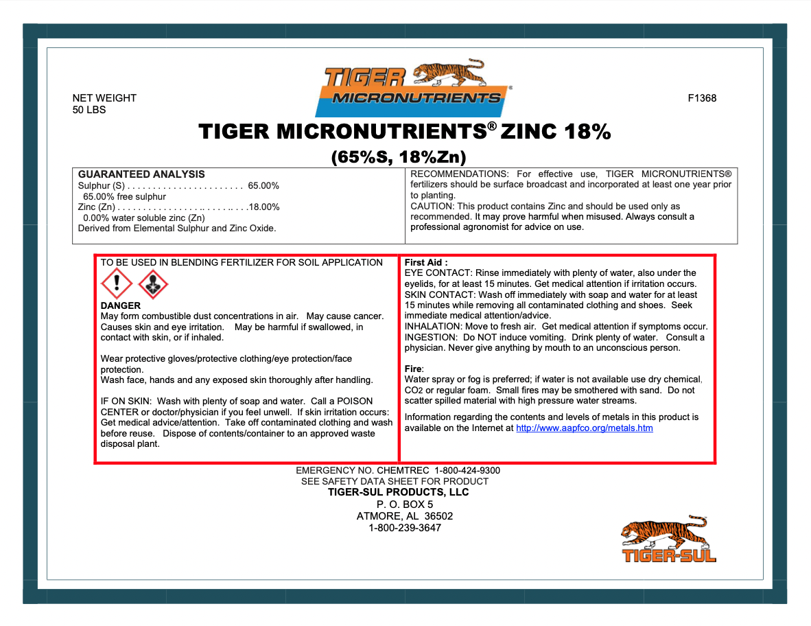 Tiger Micronutrients Zinc 18% – 50 lb. – Atmore